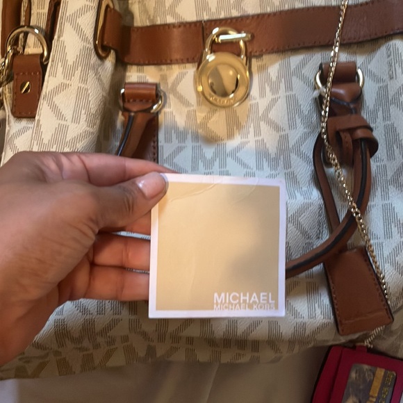 MK , monogrammed tan tote bag , gold details . Used great condition. - Picture 4 of 6